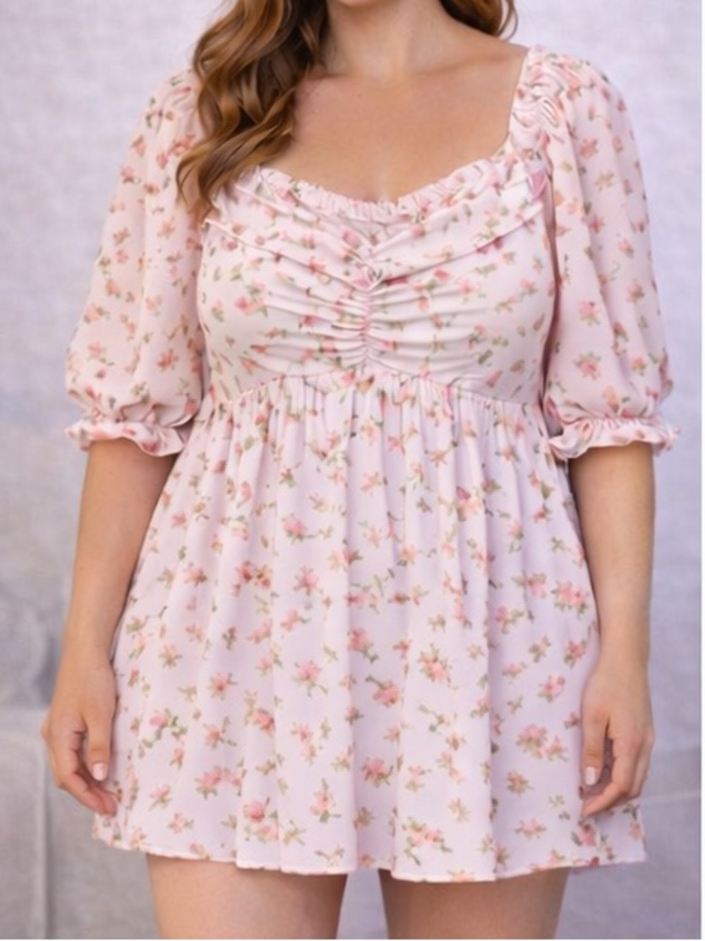 Plus Size Floral Pink Puff Sleeve Dress - 4XL